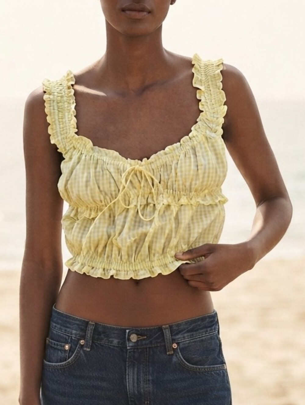Zara Gingham Yellow Checked Crop Tank Top Milkmaid Coquette Style Size Medium - Picture 1 of 7